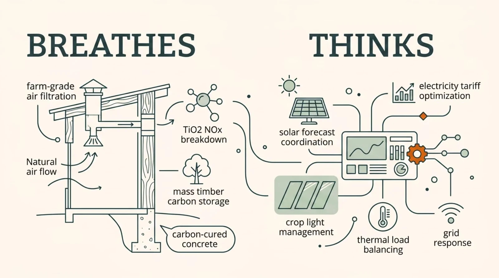 GAEA system diagram showing air filtration and low-carbon materials connected to solar forecasting, crop lighting, storage, thermal load balancing, and grid response